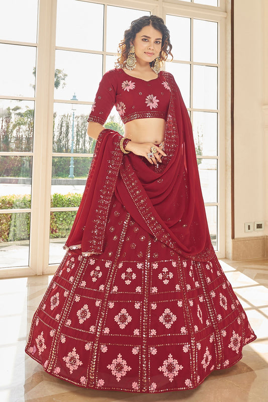 Red Georgette Lehenga Choli For Indian Weddings & Festivals - Thread Work, Sequence Embroidery Work