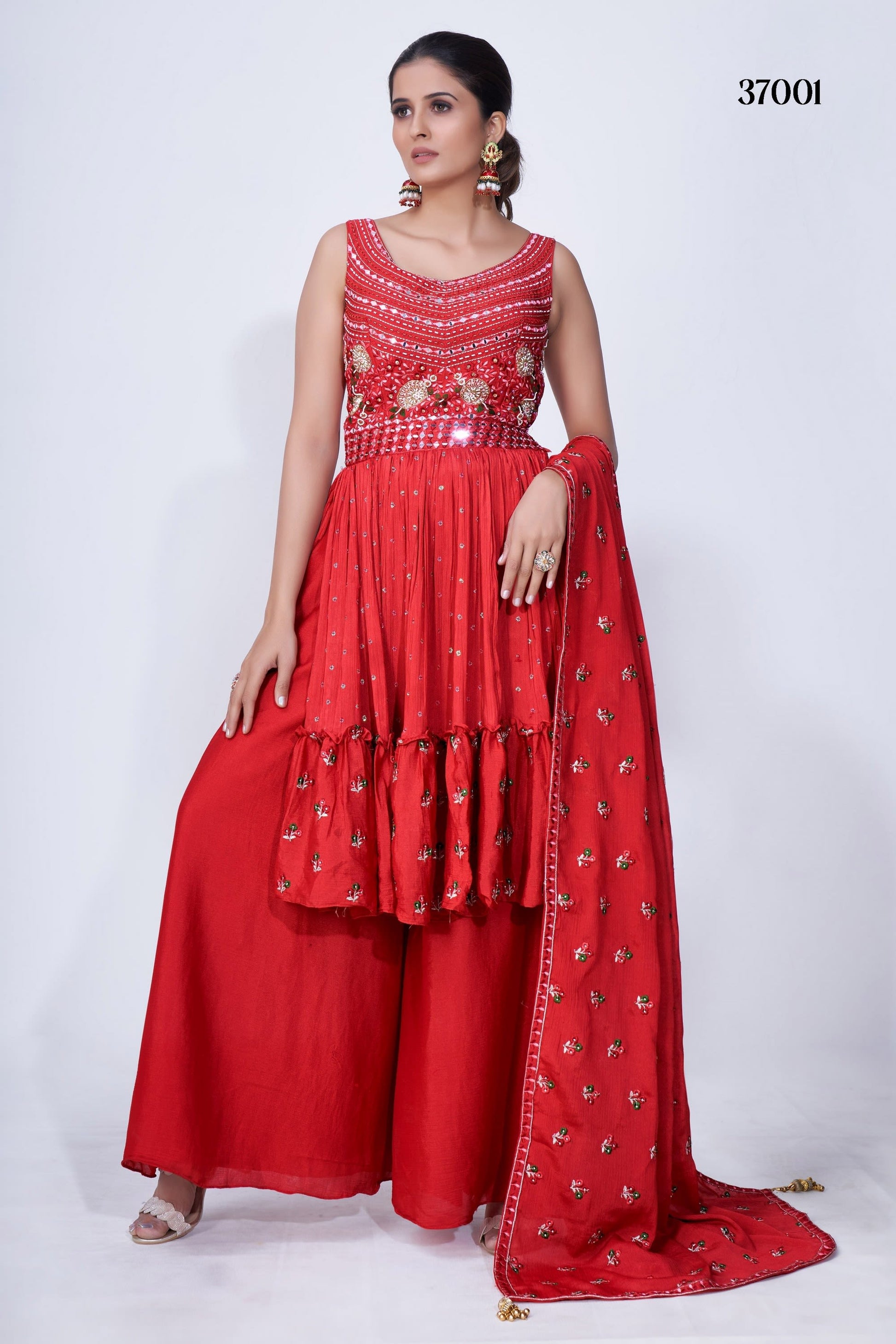 Red Pakistani Chiffon Plazo For Indian Festivals & Weddings - Thread Embroidery Work, Mirror Work, Zari Work
