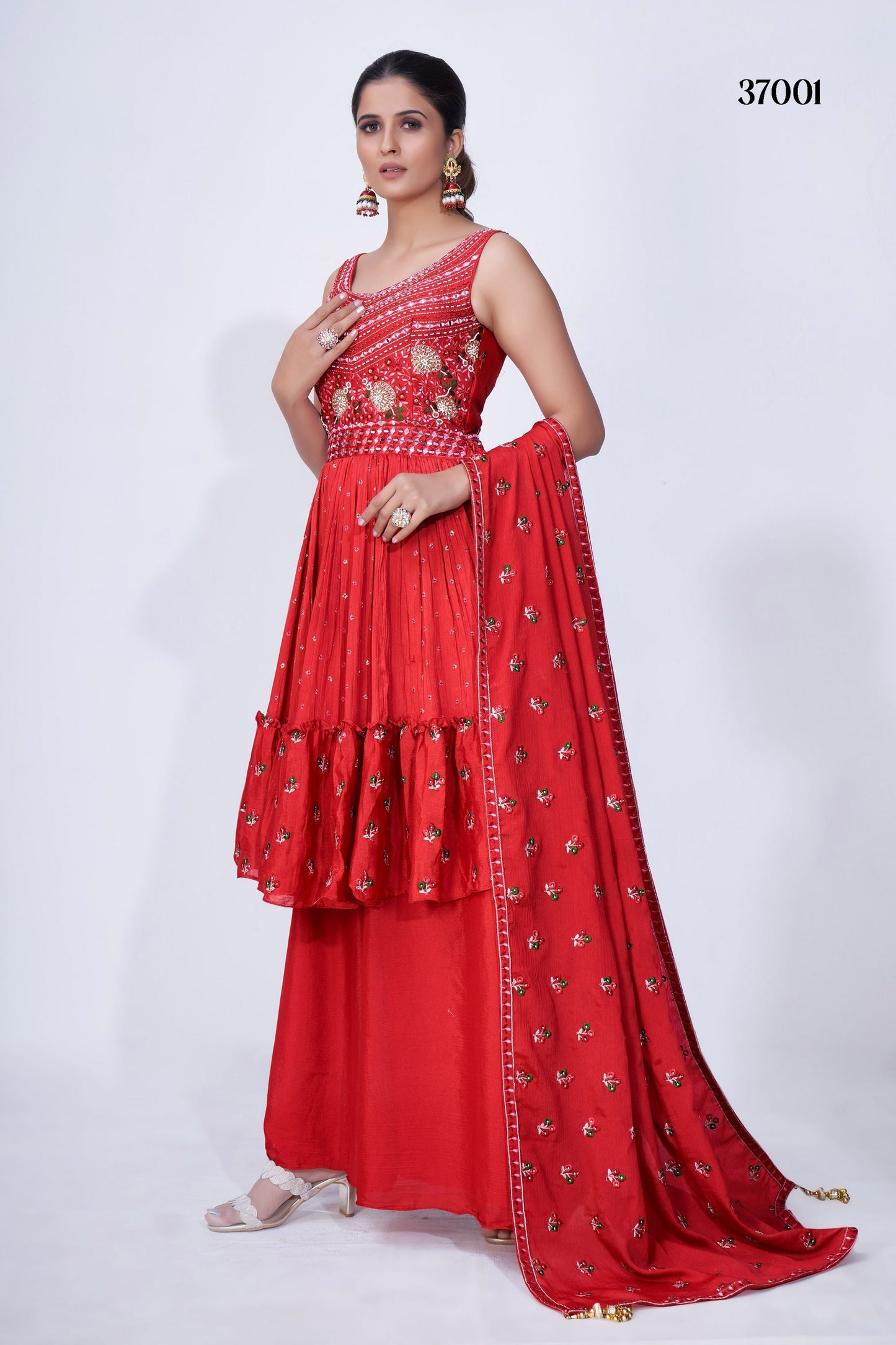 Red Pakistani Chiffon Plazo For Indian Festivals & Weddings - Thread Embroidery Work, Mirror Work, Zari Work