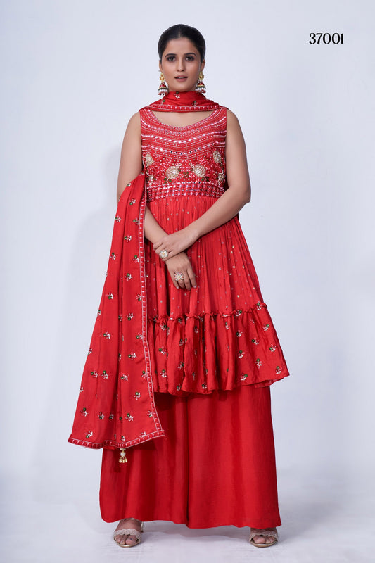 Red Pakistani Chiffon Plazo For Indian Festivals & Weddings - Thread Embroidery Work, Mirror Work, Zari Work