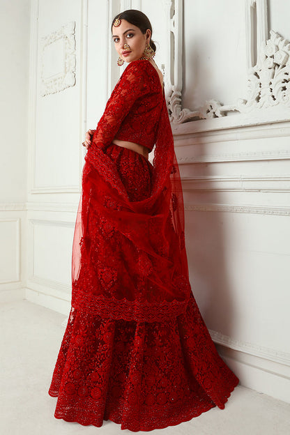 Red Pakistani Net Lehenga Choli For Indian Festivals & Weddings - Thread Embroidery Work, Codding Embroidery Work, Stone Work