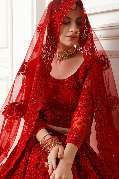 Red Pakistani Net Lehenga Choli For Indian Festivals & Weddings - Thread Embroidery Work, Codding Embroidery Work, Stone Work