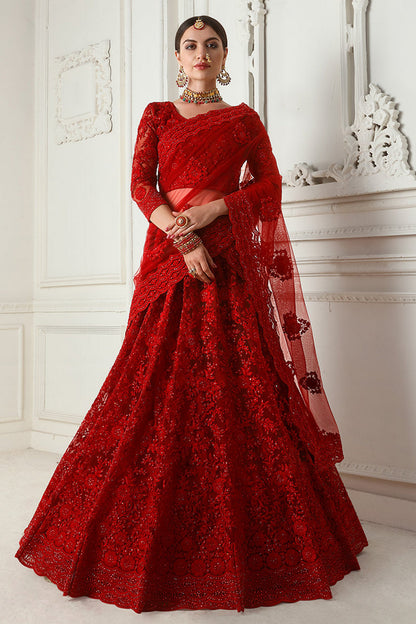 Red Pakistani Net Lehenga Choli For Indian Festivals & Weddings - Thread Embroidery Work, Codding Embroidery Work, Stone Work