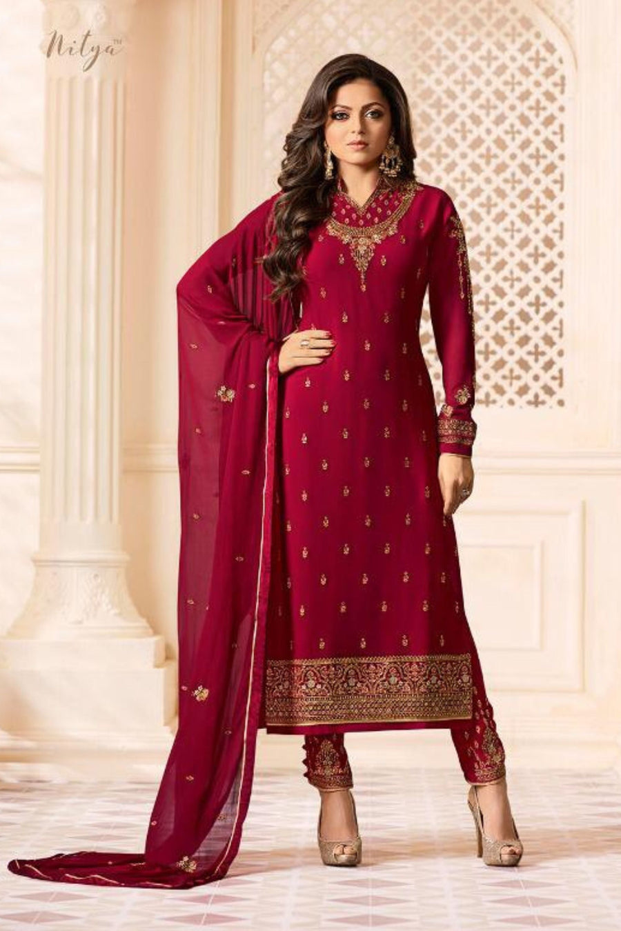 Red Pakistani Georgette Salwar Kameez For Wedding & Festival - Embroidery Work
