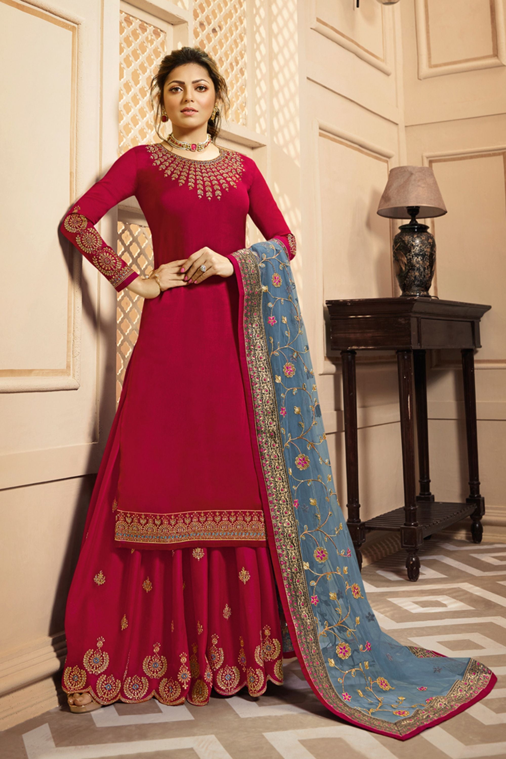 Red Pakistani Satin Georgette Salwar Kameez For Wedding & Festival - Embroidery Work