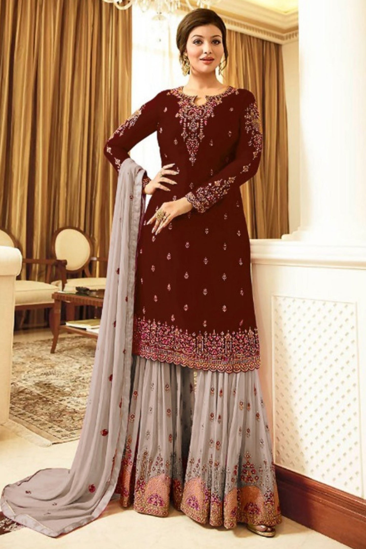 Blue Pakistani Georgette Plazo For Wedding & Festival - Embroidery Work
