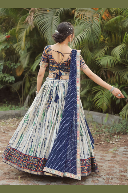 Royal Blue Indian Cotton Chaniya Choli For Navratri Garba Festivals with Belt 4 Meter Flair - Thread Embroidery Work, Print Work, Zari Work
