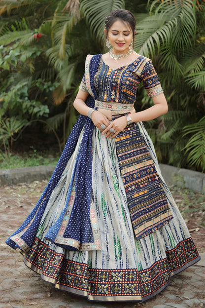 Royal Blue Indian Cotton Chaniya Choli For Navratri Garba Festivals with Belt 4 Meter Flair - Thread Embroidery Work, Print Work, Zari Work