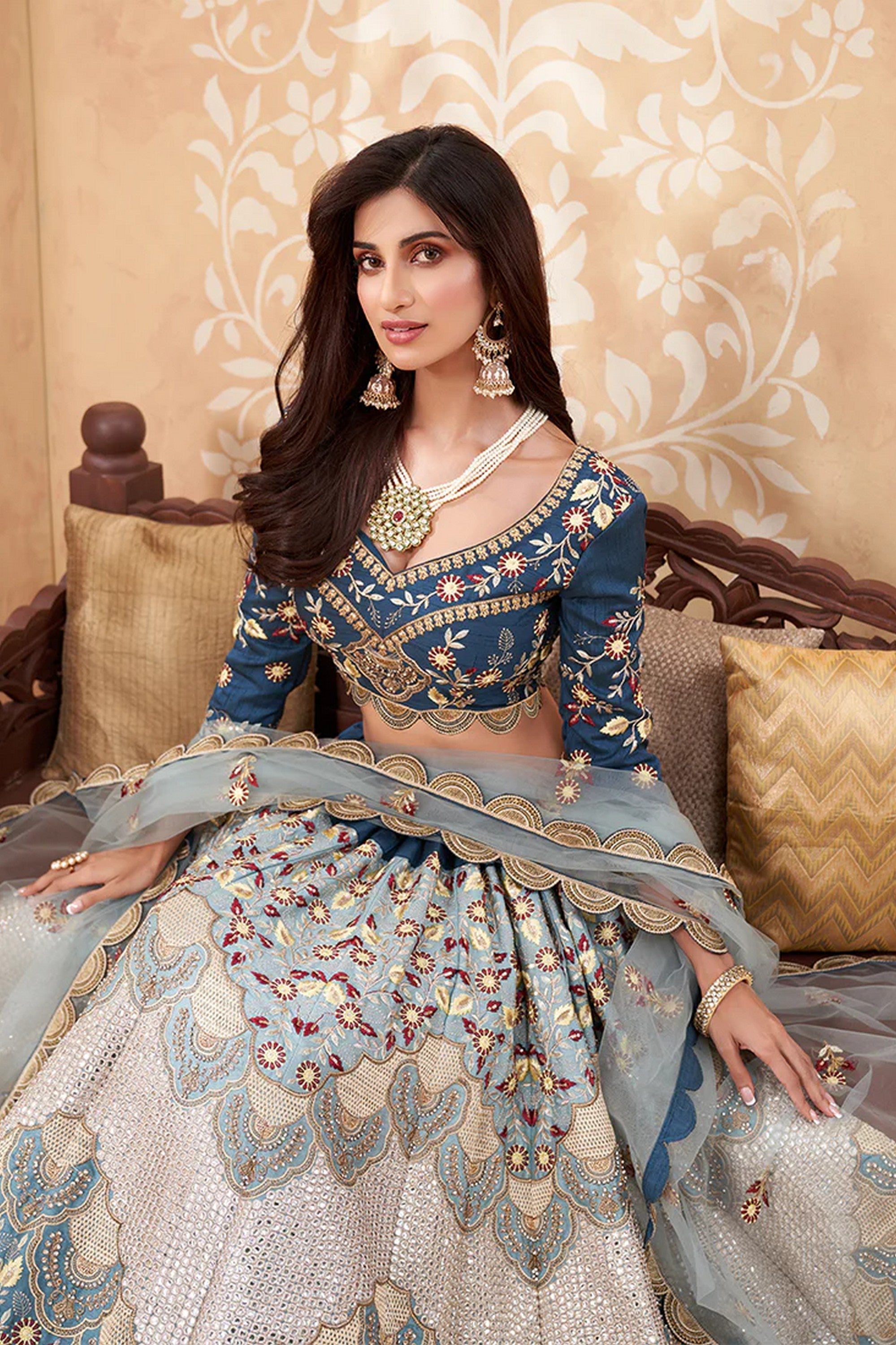 Silver Pakistani Silk Lehenga Choli For Indian Festivals & Weddings - Thread Embroidery Work, Zarkan Work, Sequence Embroidery Work, Zari Work