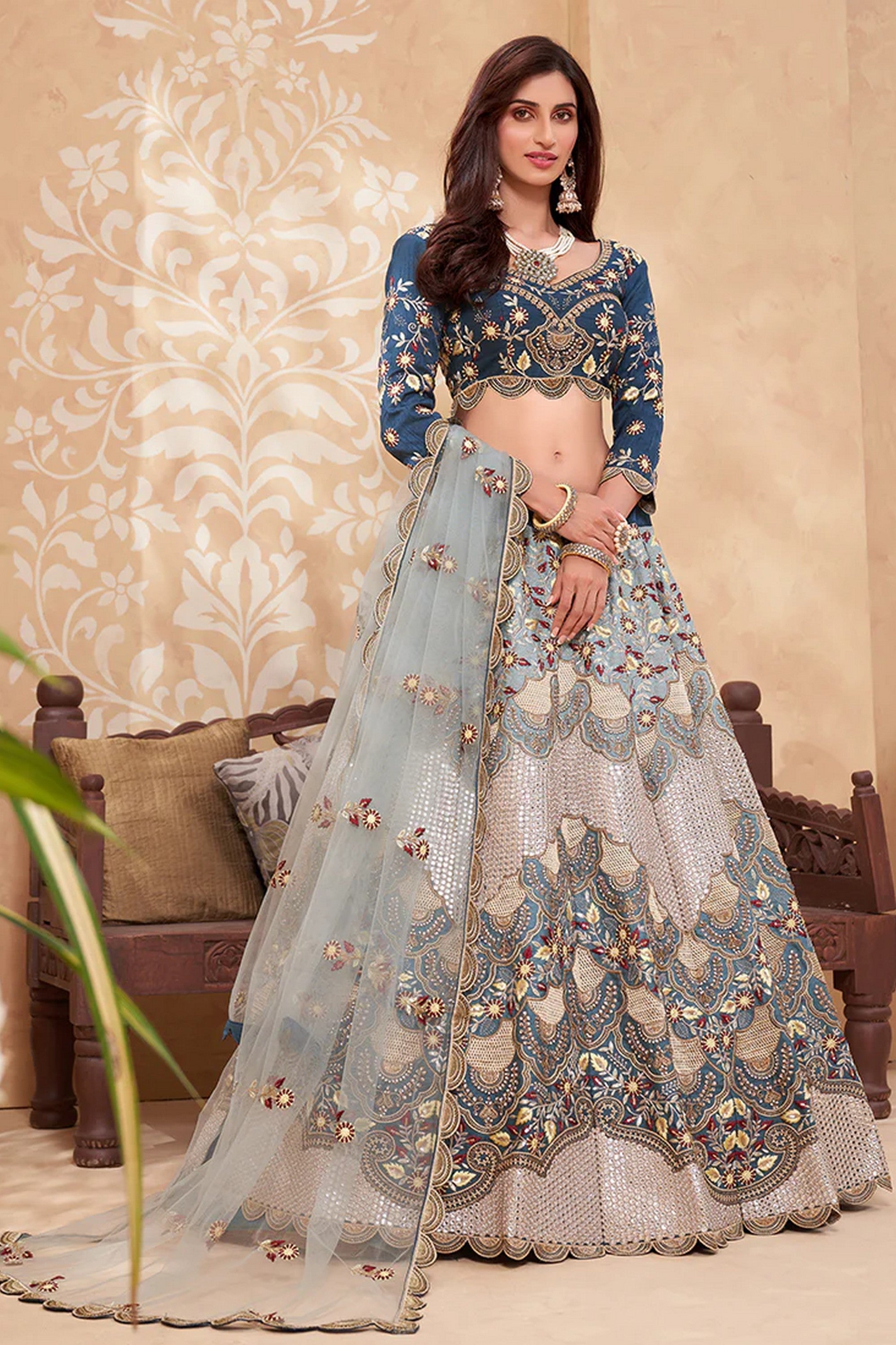 Silver Pakistani Silk Lehenga Choli For Indian Festivals & Weddings - Thread Embroidery Work, Zarkan Work, Sequence Embroidery Work, Zari Work