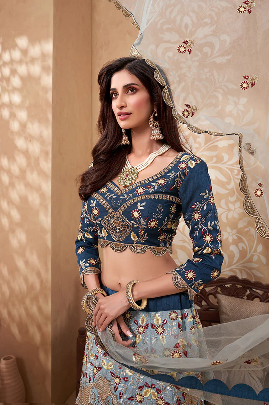 Silver Pakistani Silk Lehenga Choli For Indian Festivals & Weddings - Thread Embroidery Work, Zarkan Work, Sequence Embroidery Work, Zari Work