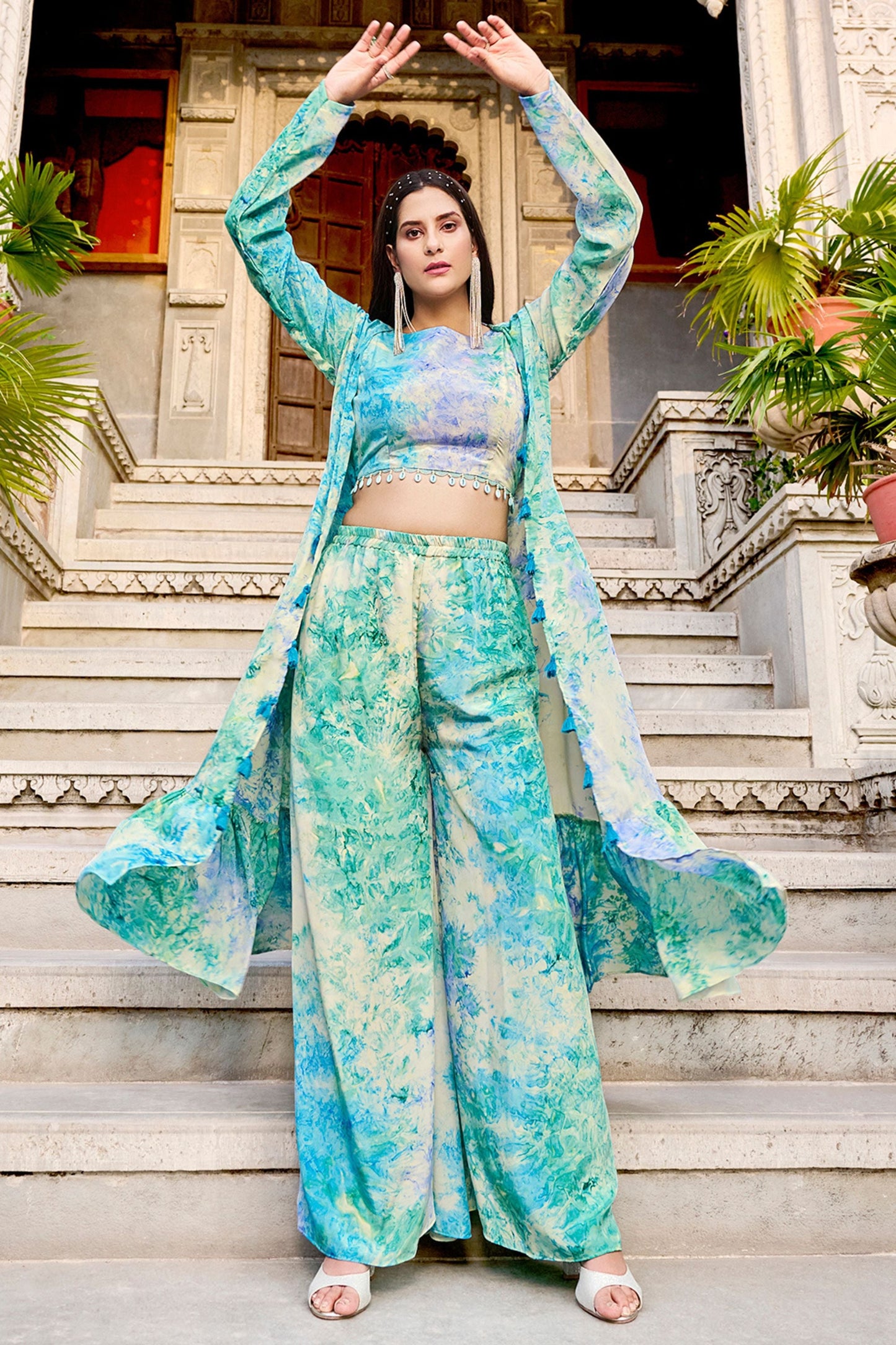 Sky Blue Pakistani Silk Printed Plazo For Indian Festivals & Weddings - Print Work,