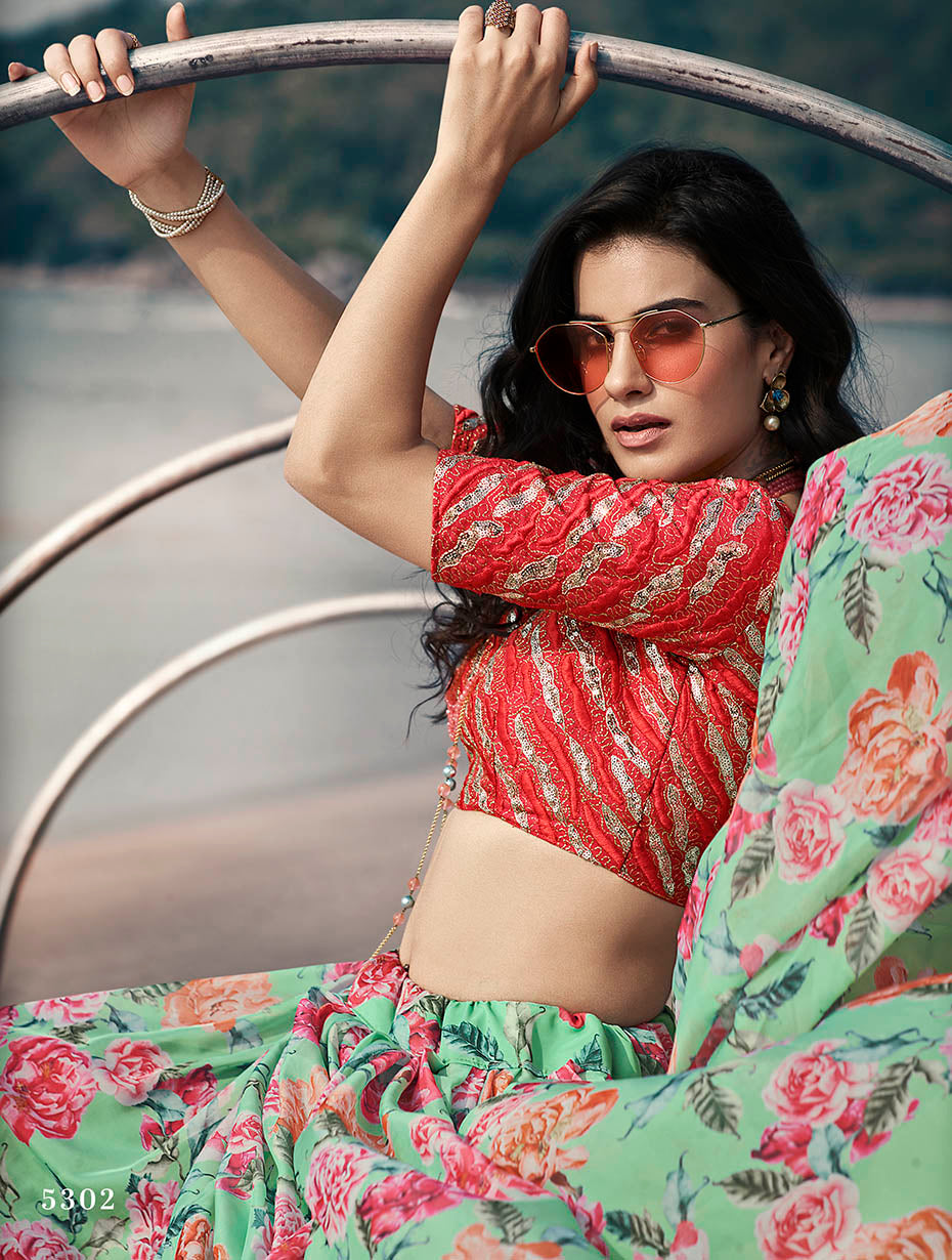 Sky Blue Pakistani Art Silk Lehenga Choli For Indian Festival & Weddings - Print Work, Sequence Embroidery Work, Thread Embroidery Work, Zari Work