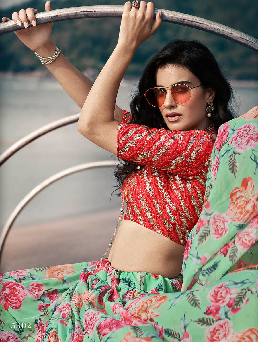 Sky Blue Pakistani Art Silk Lehenga Choli For Indian Festival & Weddings - Print Work, Sequence Embroidery Work, Thread Embroidery Work, Zari Work