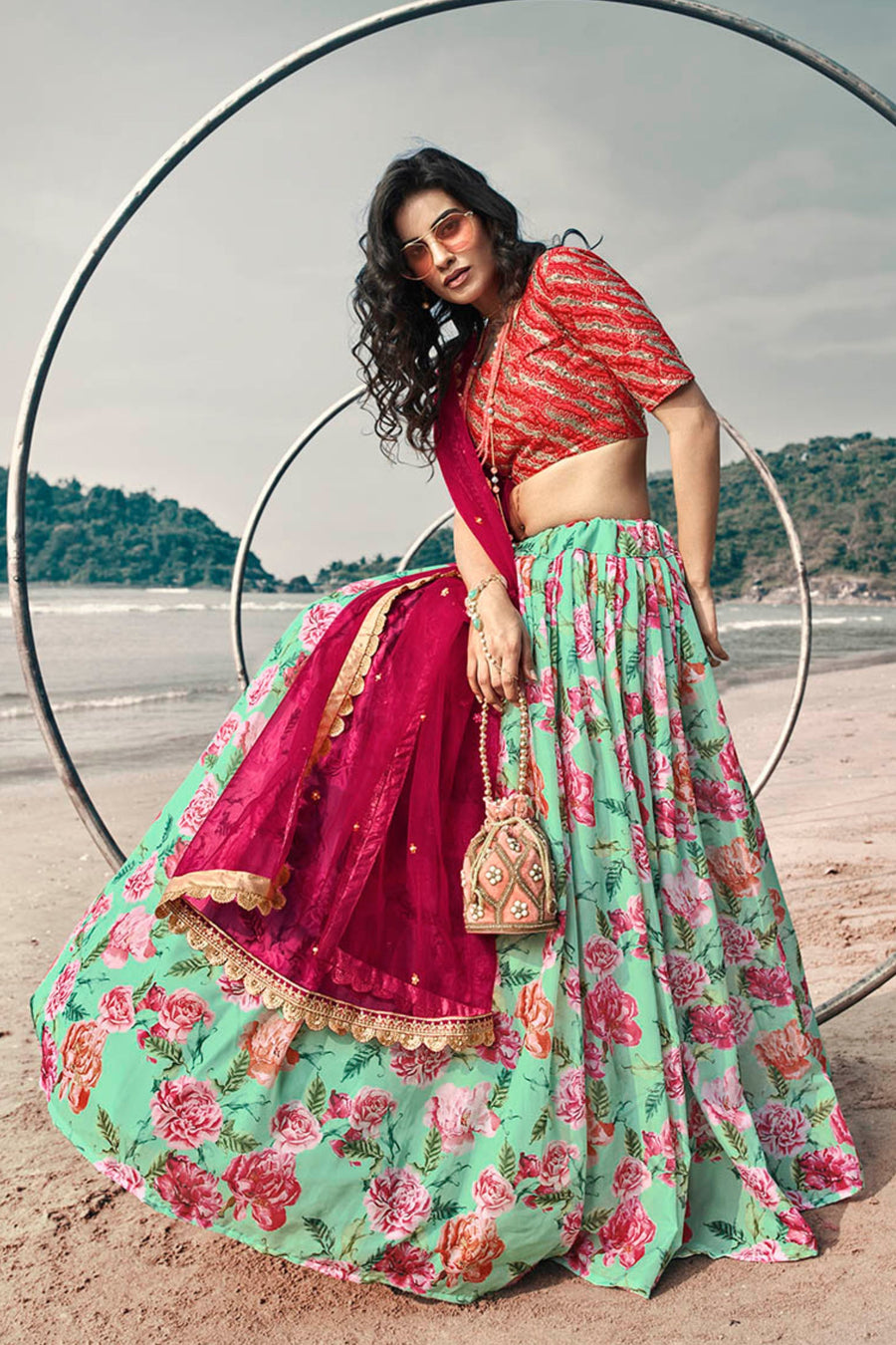 Sky Blue Pakistani Art Silk Lehenga Choli For Indian Festival & Weddings - Print Work, Sequence Embroidery Work, Thread Embroidery Work, Zari Work