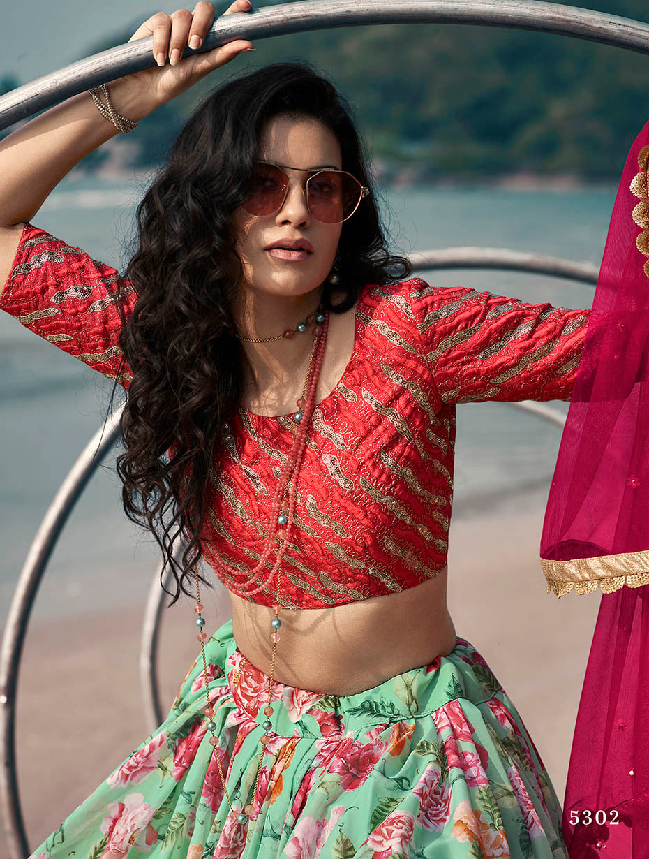 Sky Blue Pakistani Art Silk Lehenga Choli For Indian Festival & Weddings - Print Work, Sequence Embroidery Work, Thread Embroidery Work, Zari Work