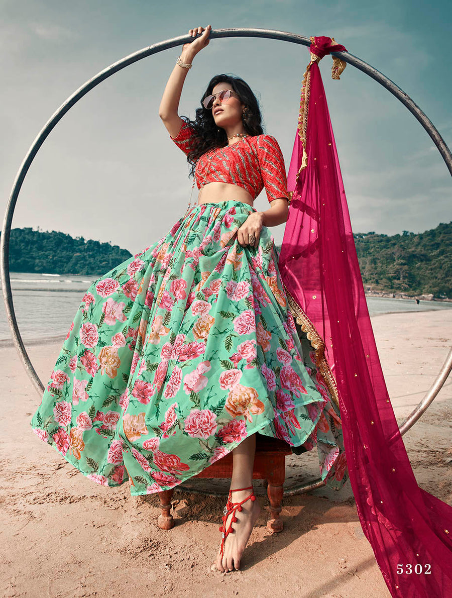 Sky Blue Pakistani Art Silk Lehenga Choli For Indian Festival & Weddings - Print Work, Sequence Embroidery Work, Thread Embroidery Work, Zari Work