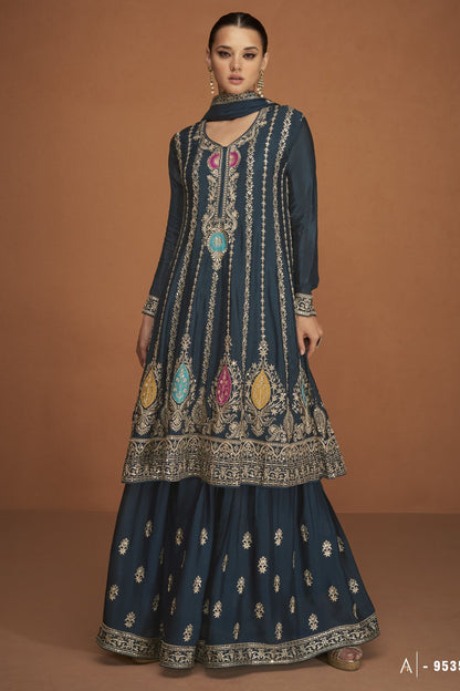 Teal Pakistani Chinon Sharara For Indian Festivals & Weddings - Thread Embroidery Work,