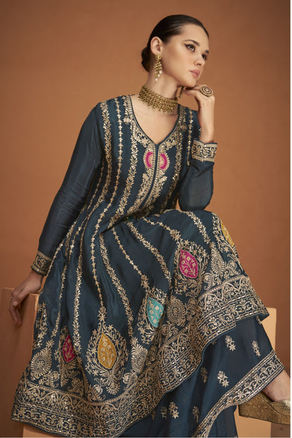 Teal Pakistani Chinon Sharara For Indian Festivals & Weddings - Thread Embroidery Work,