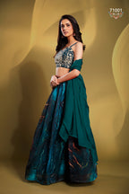 Teal Pakistani Art Silk Lehenga Choli For Indian Festivals & Weddings - Print Work, Sequence Embroidery Work, Zari Work, Dori Work