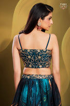 Teal Pakistani Art Silk Lehenga Choli For Indian Festivals & Weddings - Print Work, Sequence Embroidery Work, Zari Work, Dori Work