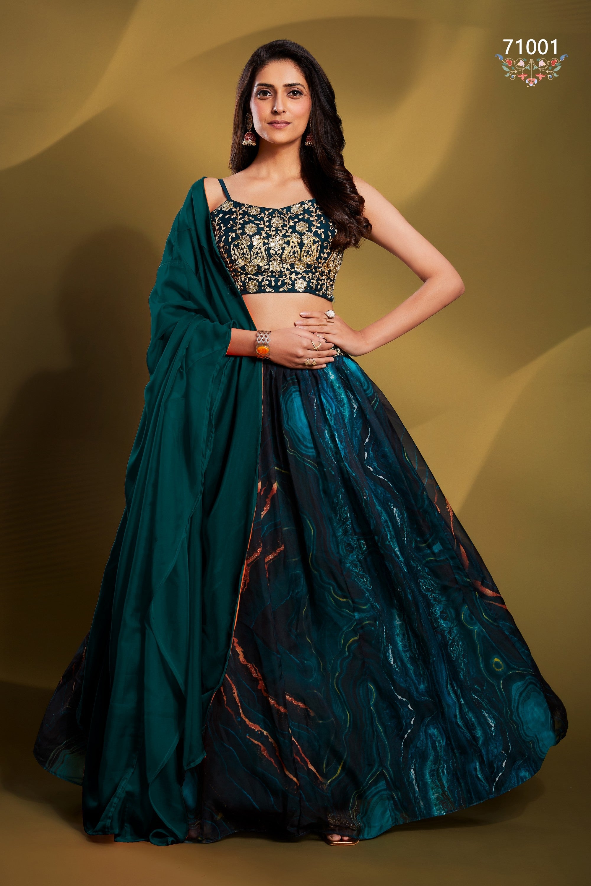 Teal Pakistani Art Silk Lehenga Choli For Indian Festivals & Weddings - Print Work, Sequence Embroidery Work, Zari Work, Dori Work