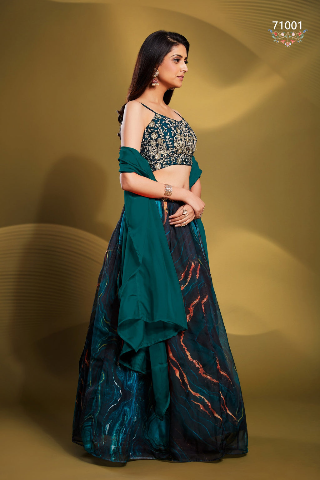 Teal Pakistani Art Silk Lehenga Choli For Indian Festivals & Weddings - Print Work, Sequence Embroidery Work, Zari Work, Dori Work
