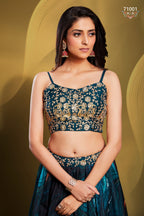 Teal Pakistani Art Silk Lehenga Choli For Indian Festivals & Weddings - Print Work, Sequence Embroidery Work, Zari Work, Dori Work