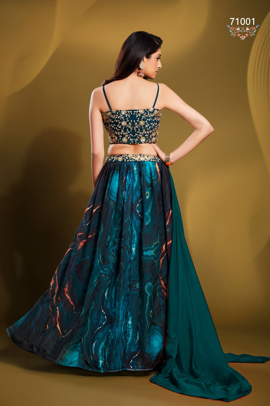 Teal Pakistani Art Silk Lehenga Choli For Indian Festivals & Weddings - Print Work, Sequence Embroidery Work, Zari Work, Dori Work