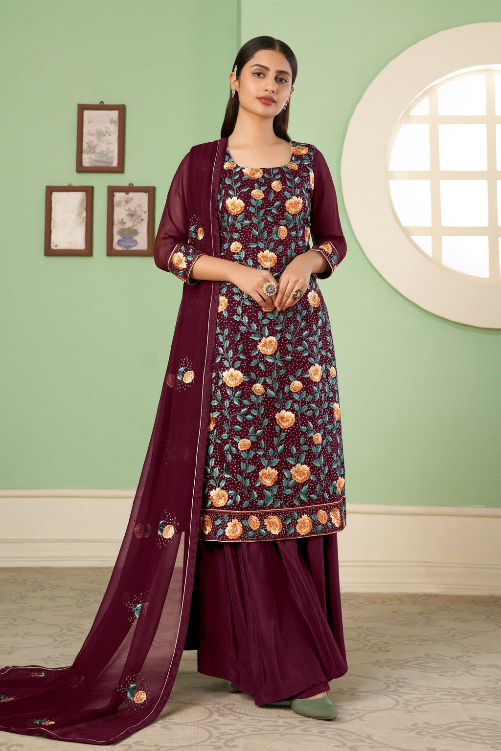Wine Pakistani Georgette Plazo For Indian Festivals & Weddings - Sequence Embroidery Work, Thread Embroidery Work,