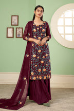 Wine Pakistani Georgette Plazo For Indian Festivals & Weddings - Sequence Embroidery Work, Thread Embroidery Work,