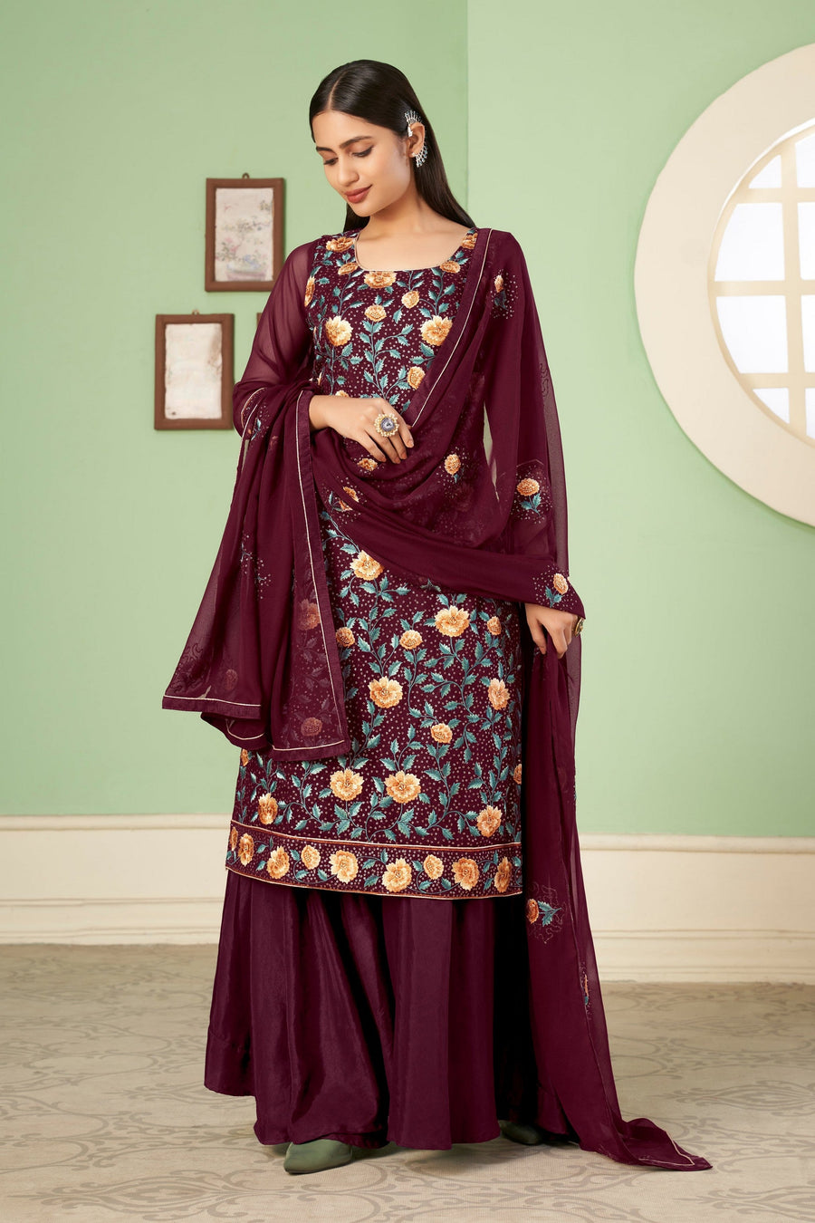 Wine Pakistani Georgette Plazo For Indian Festivals & Weddings - Sequence Embroidery Work, Thread Embroidery Work,