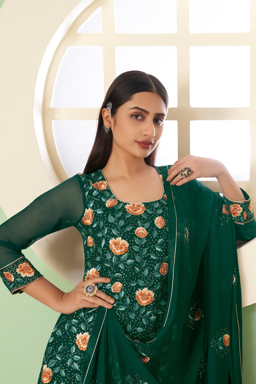 Green Pakistani Georgette Plazo For Indian Festivals & Weddings - Sequence Embroidery Work, Thread Embroidery Work,