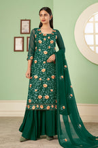 Green Pakistani Georgette Plazo For Indian Festivals & Weddings - Sequence Embroidery Work, Thread Embroidery Work,