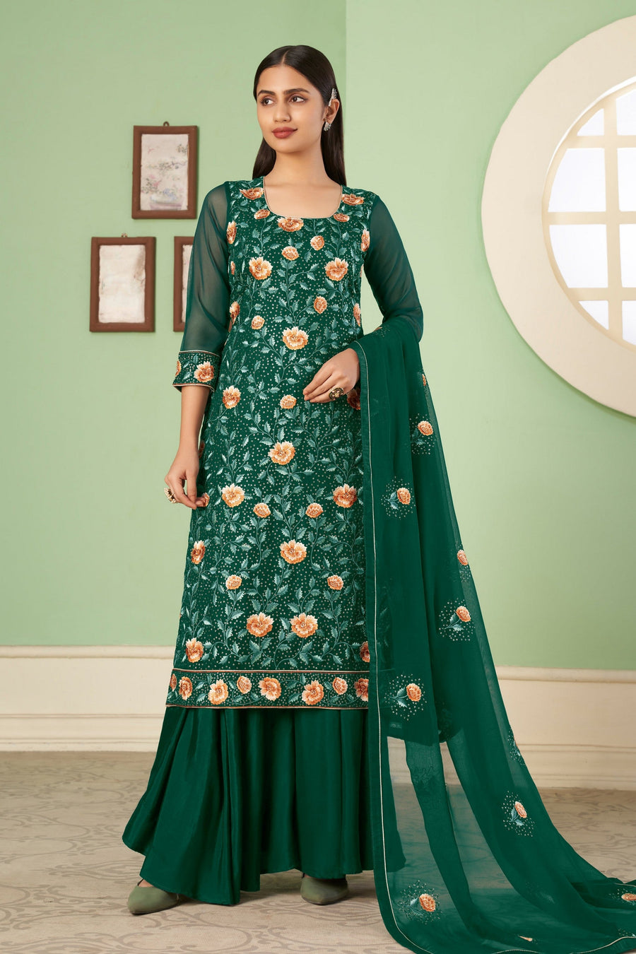 Green Pakistani Georgette Plazo For Indian Festivals & Weddings - Sequence Embroidery Work, Thread Embroidery Work,