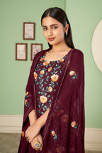 Wine Pakistani Georgette Plazo For Indian Festivals & Weddings - Sequence Embroidery Work, Thread Embroidery Work,