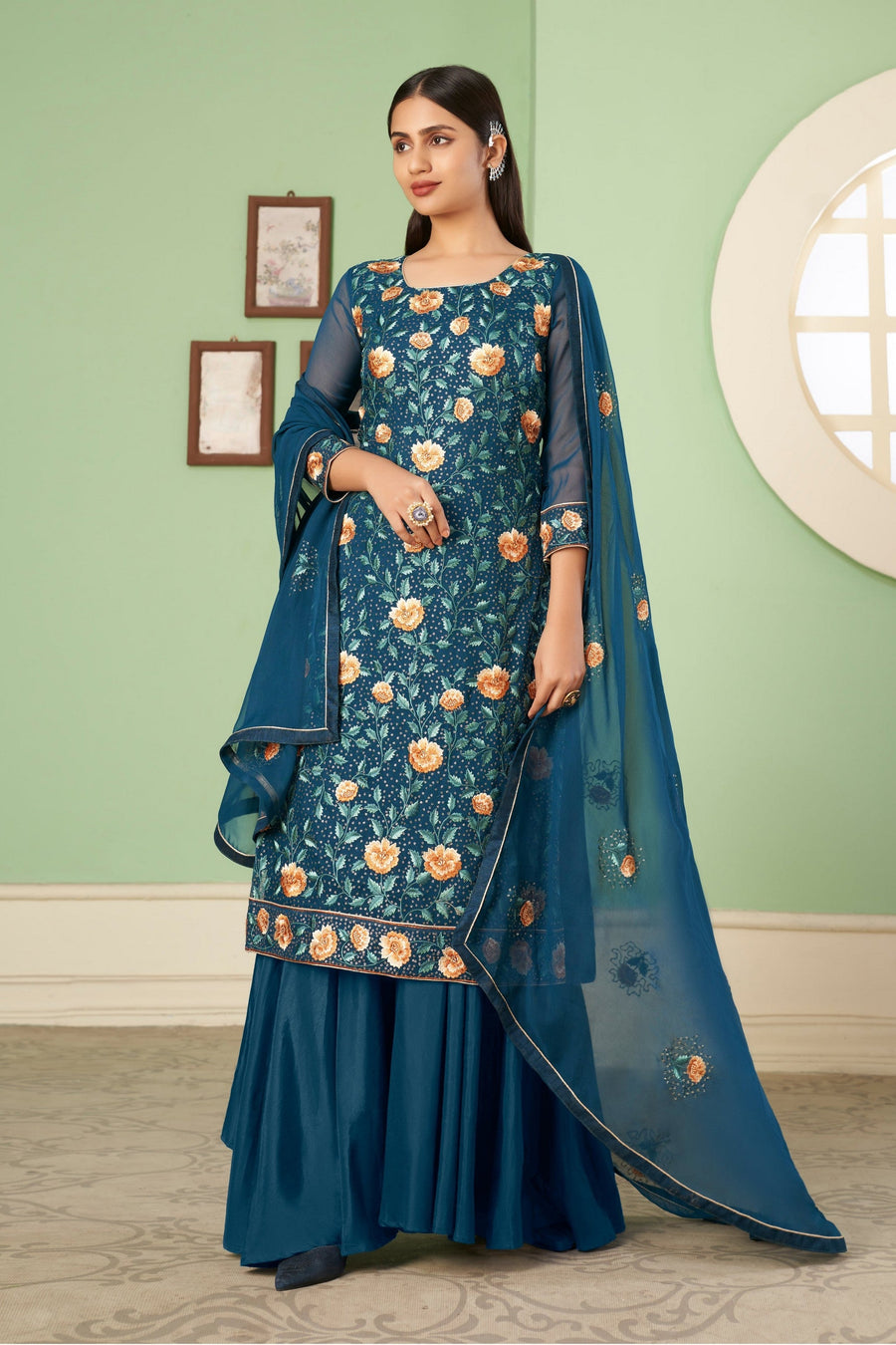 Teal Pakistani Georgette Plazo For Indian Festivals & Weddings - Sequence Embroidery Work, Thread Embroidery Work,