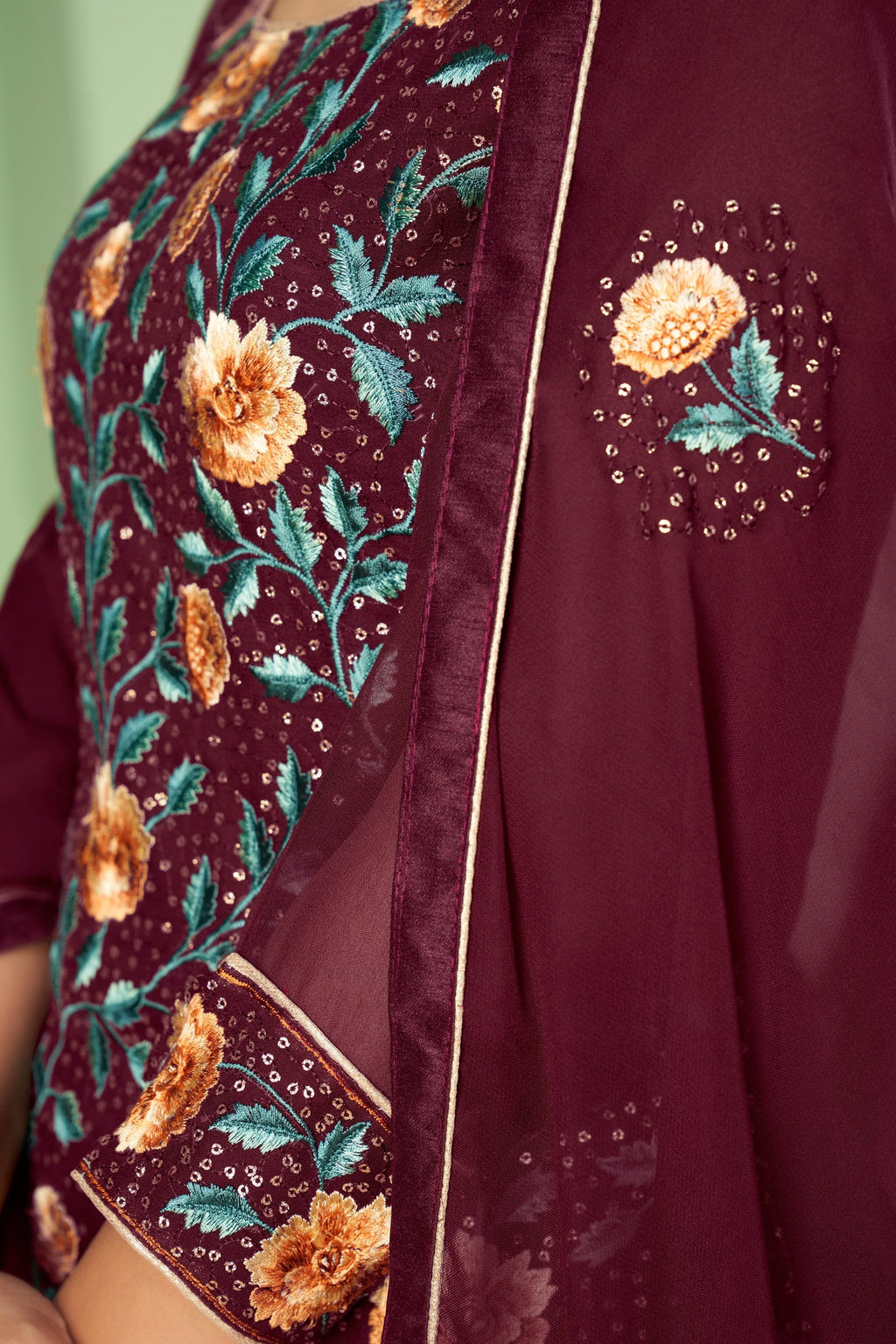 Wine Pakistani Georgette Plazo For Indian Festivals & Weddings - Sequence Embroidery Work, Thread Embroidery Work,