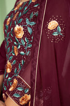 Wine Pakistani Georgette Plazo For Indian Festivals & Weddings - Sequence Embroidery Work, Thread Embroidery Work,