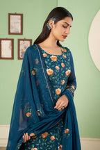 Teal Pakistani Georgette Plazo For Indian Festivals & Weddings - Sequence Embroidery Work, Thread Embroidery Work,