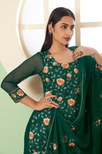 Green Pakistani Georgette Plazo For Indian Festivals & Weddings - Sequence Embroidery Work, Thread Embroidery Work,