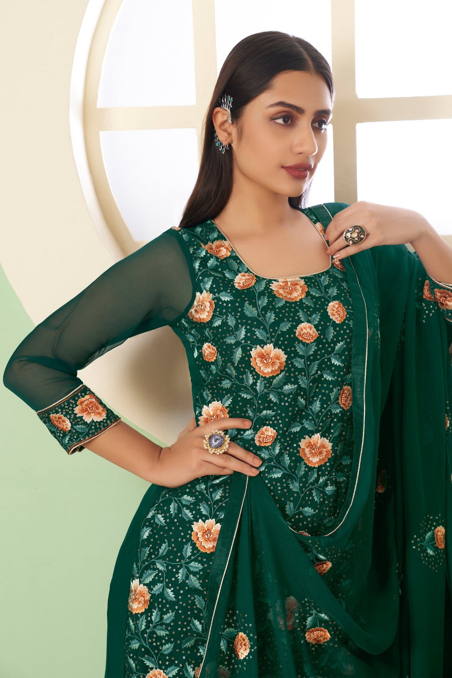 Green Pakistani Georgette Plazo For Indian Festivals & Weddings - Sequence Embroidery Work, Thread Embroidery Work,