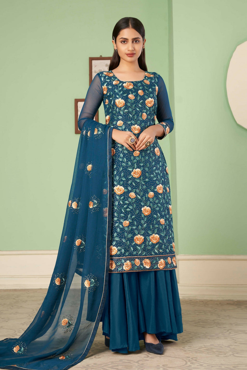 Teal Pakistani Georgette Plazo For Indian Festivals & Weddings - Sequence Embroidery Work, Thread Embroidery Work,