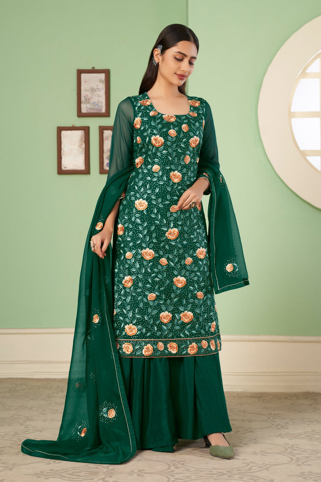 Green Pakistani Georgette Plazo For Indian Festivals & Weddings - Sequence Embroidery Work, Thread Embroidery Work,