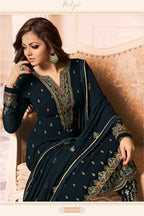 Georgette Teal Embroidery Work Pakistani Suits with Pants For Festival