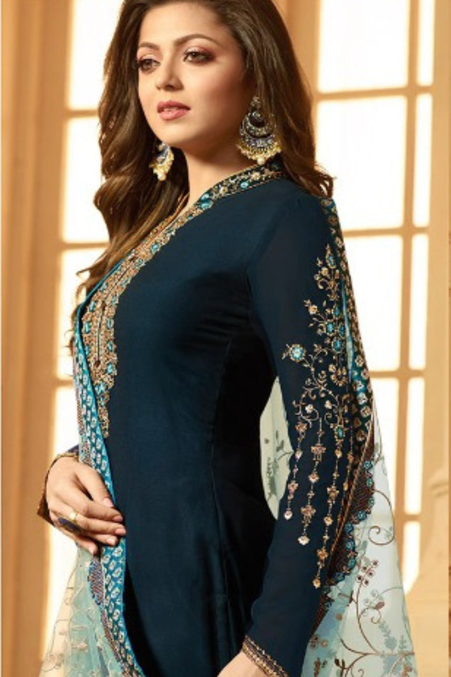 Teal Pakistani Georgette Salwar Kameez For Wedding & Festival - Embroidery Work