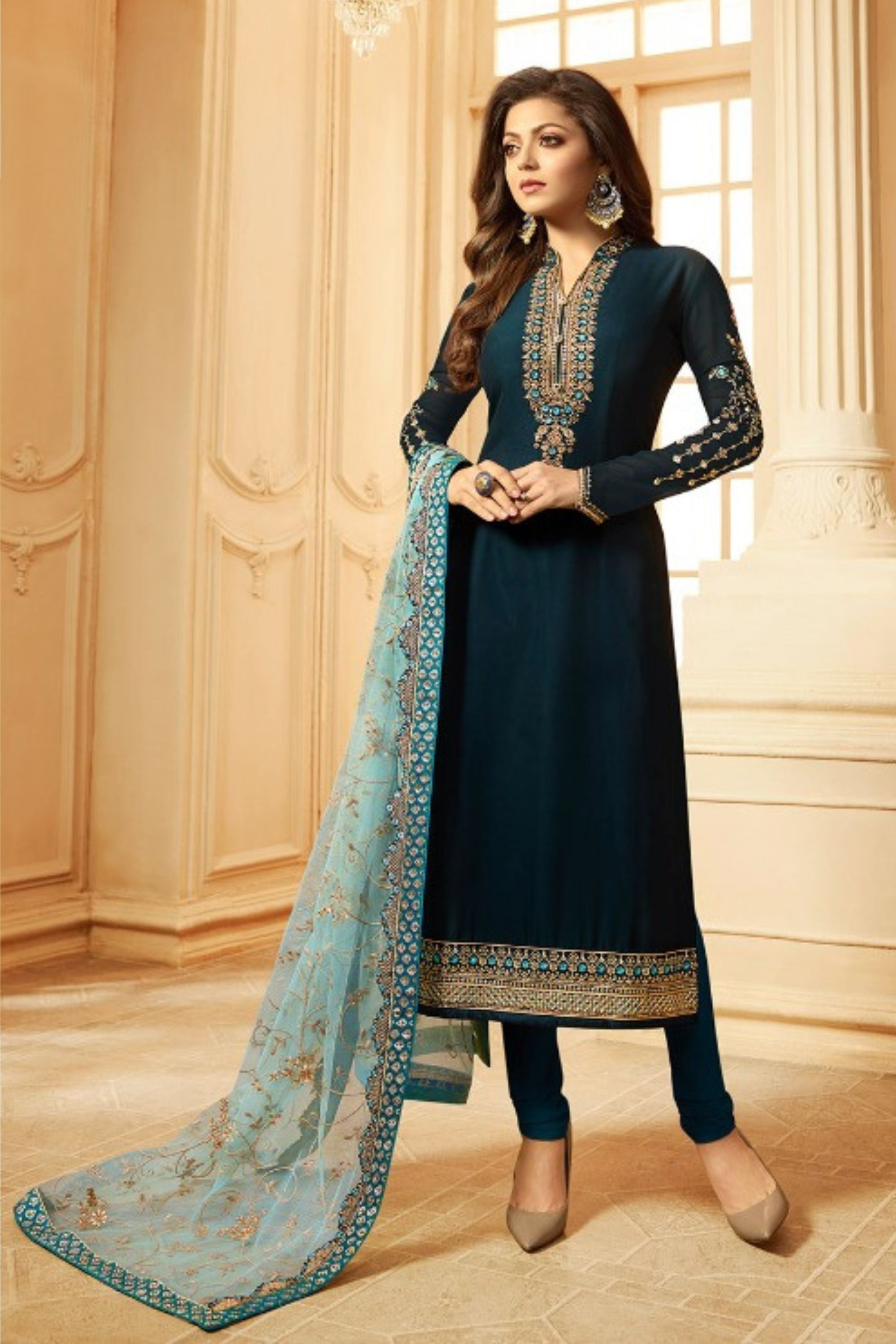 Teal Pakistani Georgette Salwar Kameez For Wedding & Festival - Embroidery Work