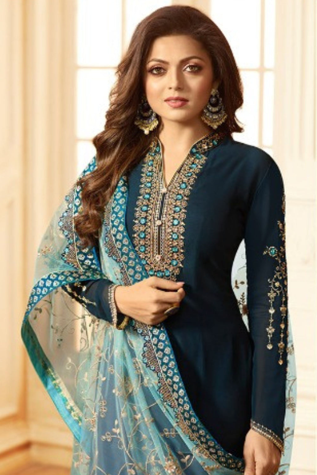 Teal Pakistani Georgette Salwar Kameez For Wedding & Festival - Embroidery Work