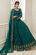 Teal Pakistani Net Lehenga Choli For Indian Festivals & Weddings - Thread Embroidery Work, Codding Embroidery Work, Stone Work