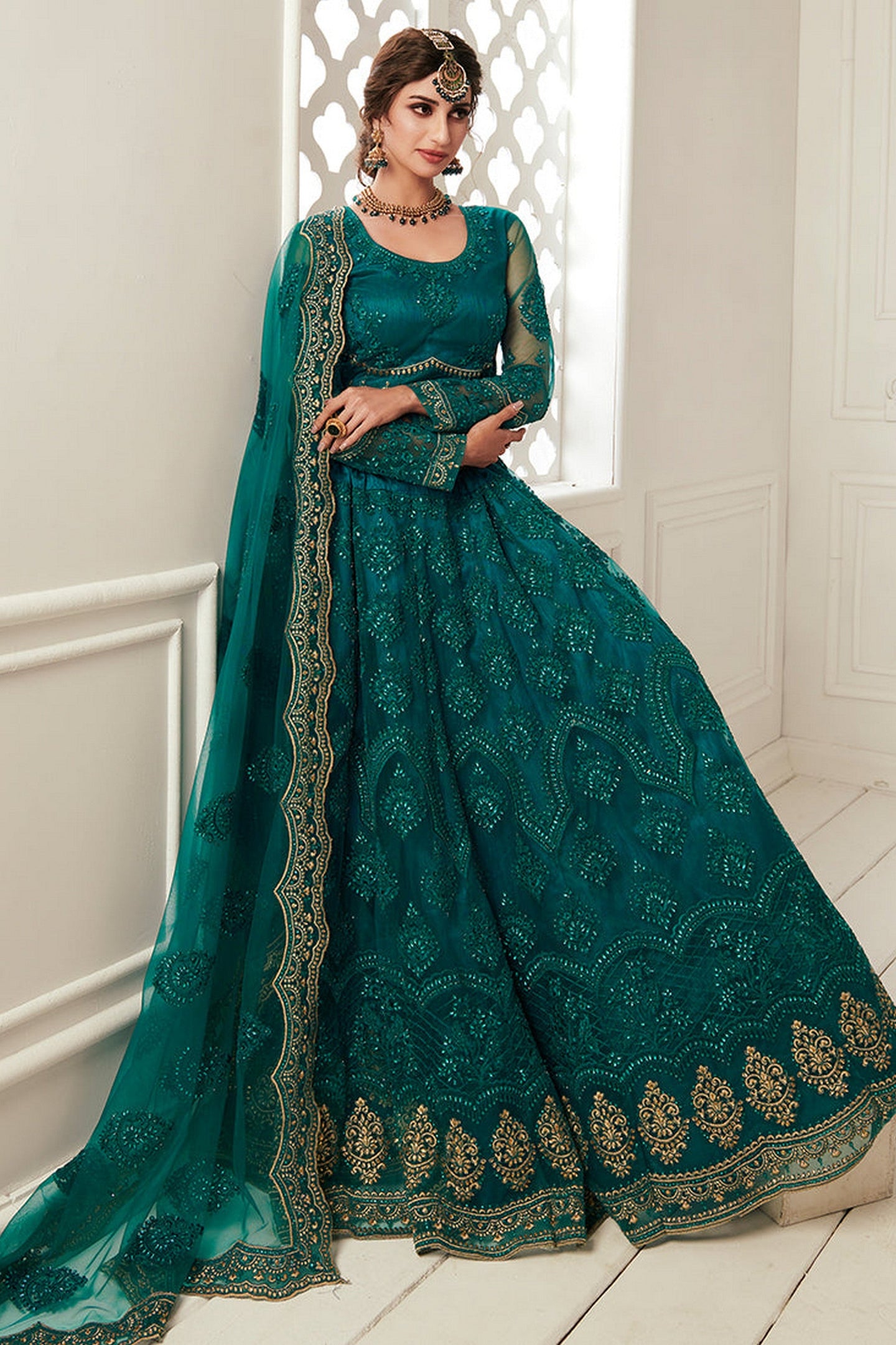 Teal Pakistani Net Lehenga Choli For Indian Festivals & Weddings - Thread Embroidery Work, Codding Embroidery Work, Stone Work